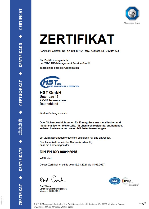 HST GmbH Zertifikat ISO 9001-2015 2021-2024